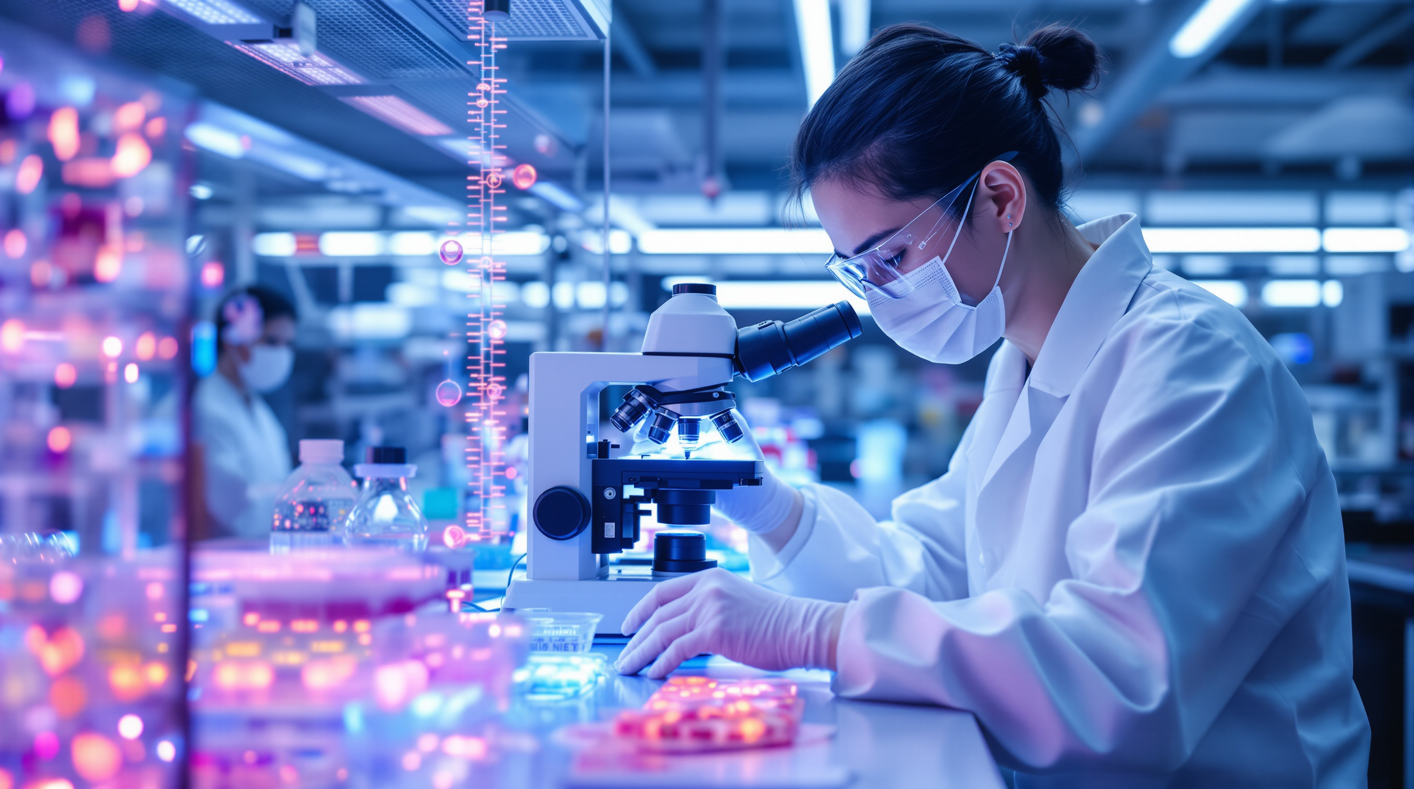 Advanced stem cell research laboratory in China with scientist at microscope