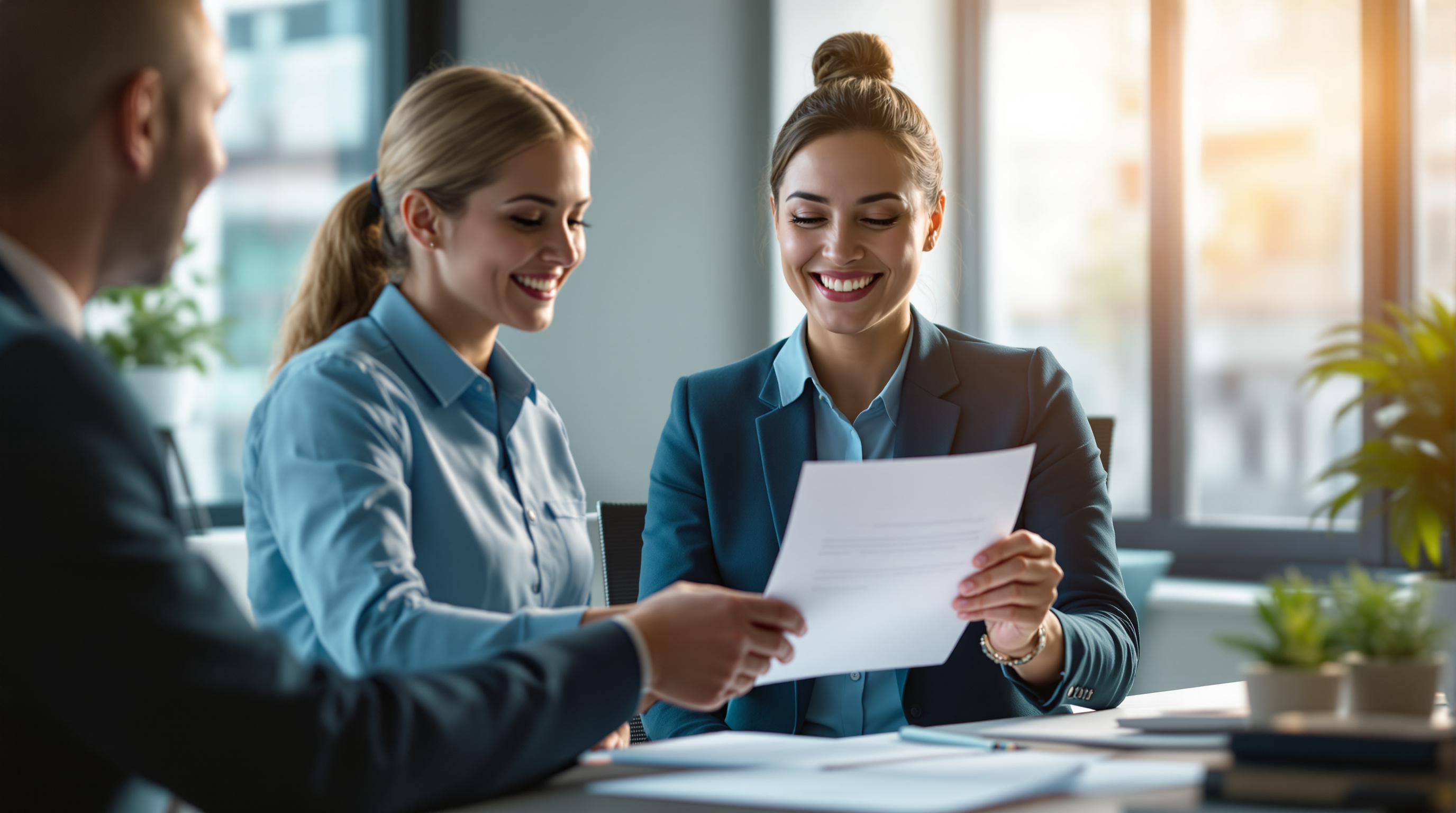 Financial coordinator handing a contract to a patient — escrow-protected medical payments