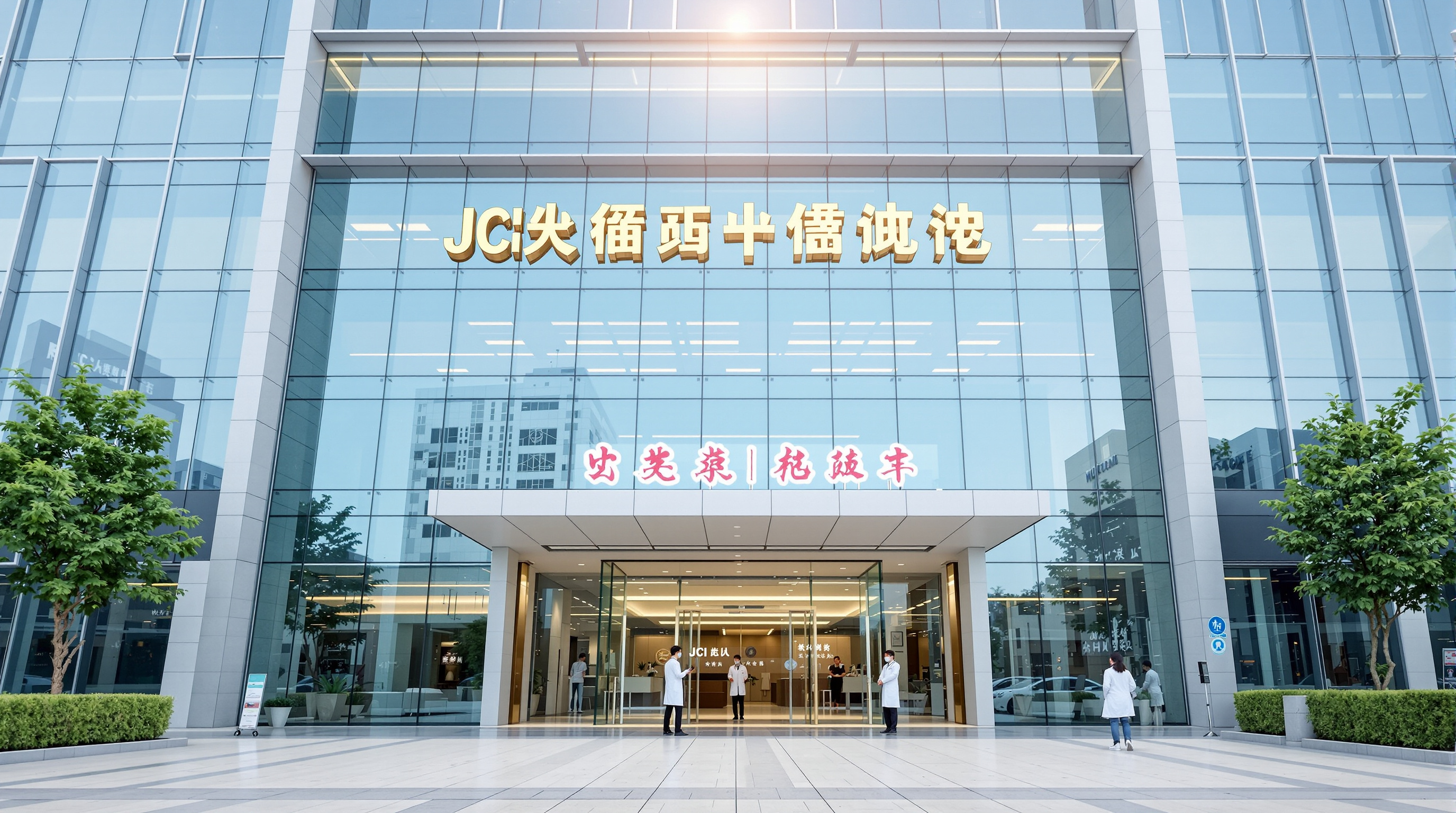 Modern JCI-accredited hospital exterior in China with doctors at the entrance